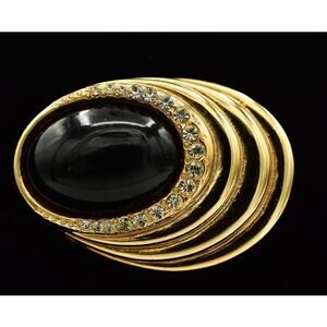 Vintage Cabochon Pin Brooch Black Rhinestone Crystal Gold Tone 1980s NOS Bin4